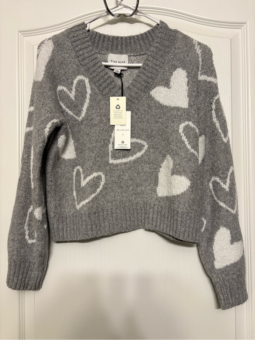 Pink Rose Gray & White Heart V-Neck Sweater